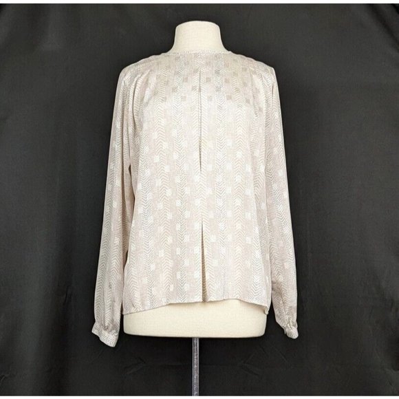 Vintage Tops - Vintage 80s Blouse Gray Pink Cream Stripe Print Pleated Top Shirt Misses Size 10